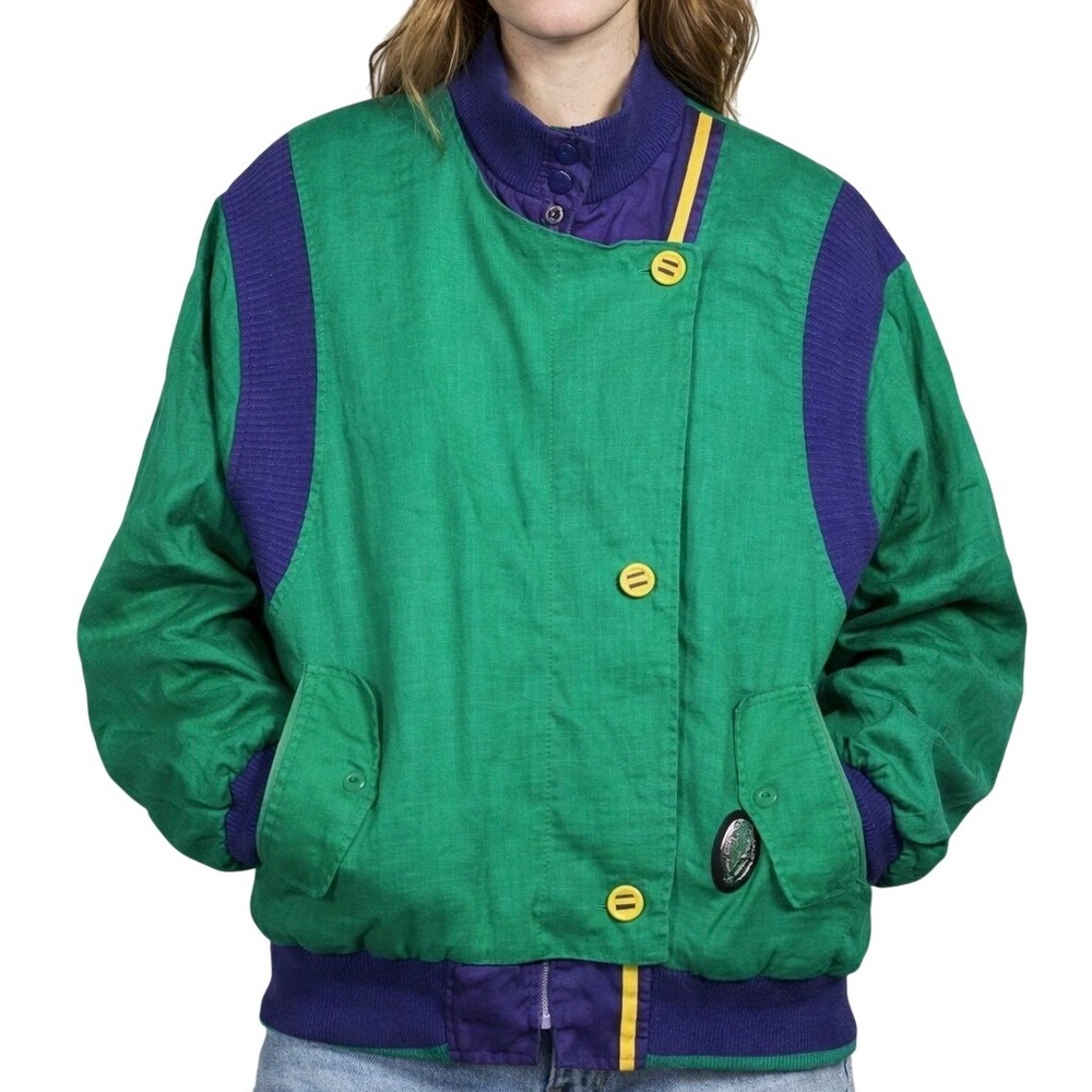 80s Green & Purple Bomber Jacket with Yellow Accents